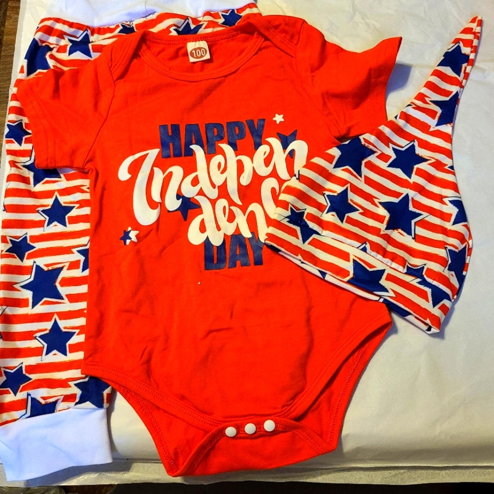 Infant 4th of July outfit.  Red white and blue.  With hat.